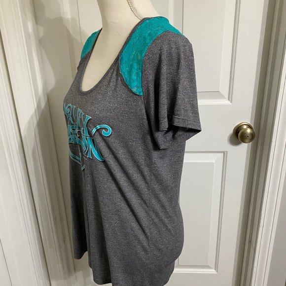 L Harley Davidson T-Shirt w/Lace Inset Yoke - Picture 3 of 7